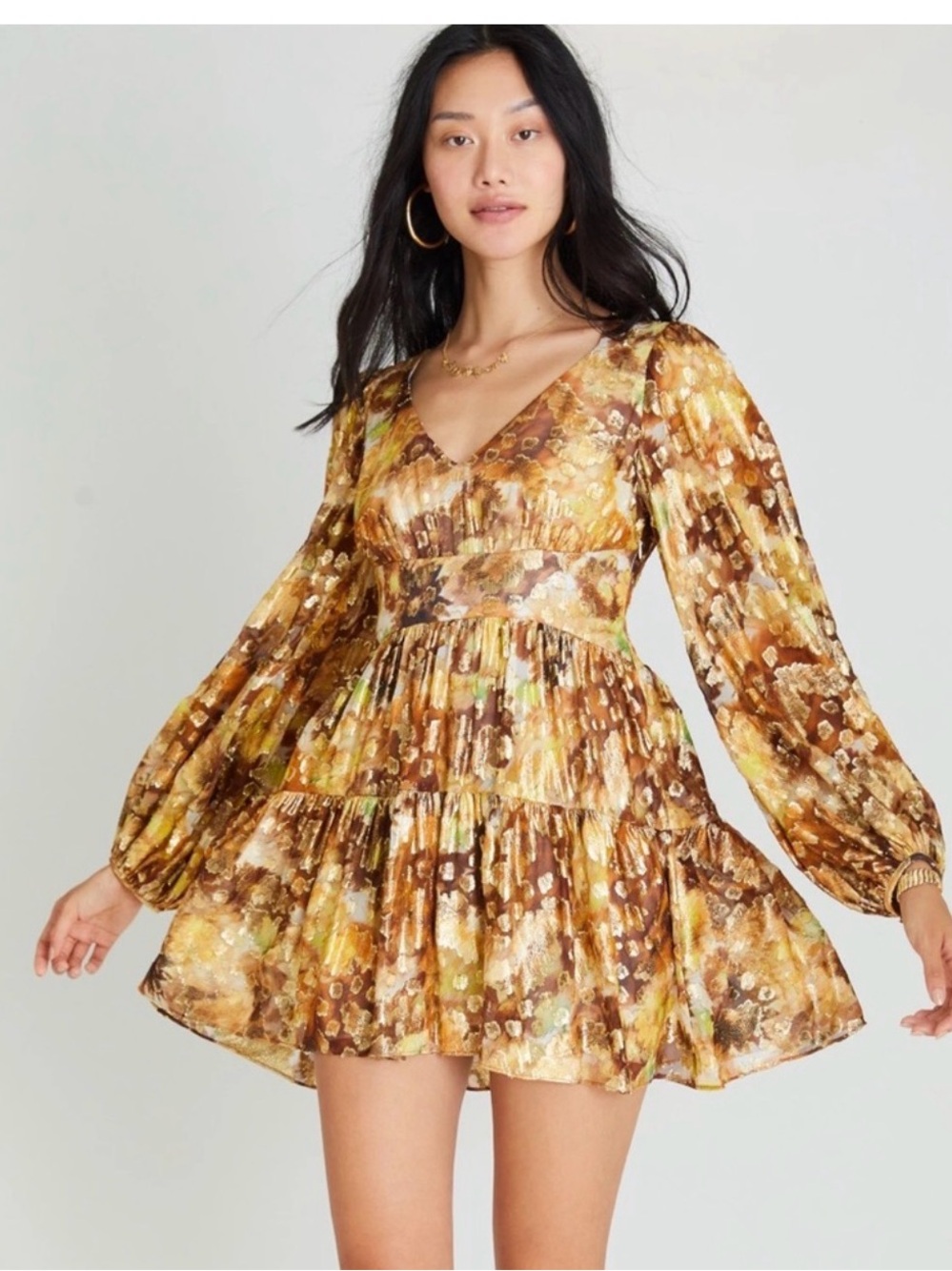 LoveShackFancy Brown & Gold Floral V-Neck Tiered Mini Dress